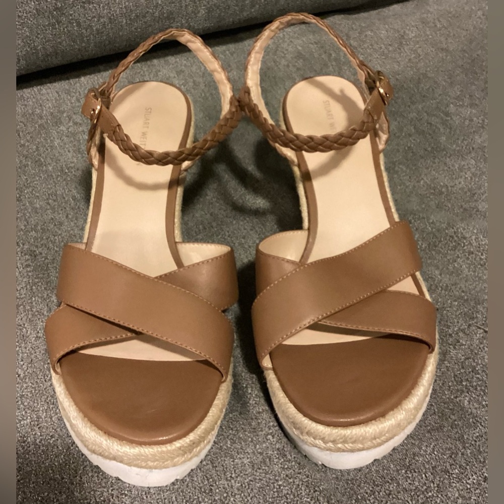 New Stuart Weitzman Mykonos Leather Espadrille Wedge Sandals Camel/Brown Size 10 - Picture 7 of 8
